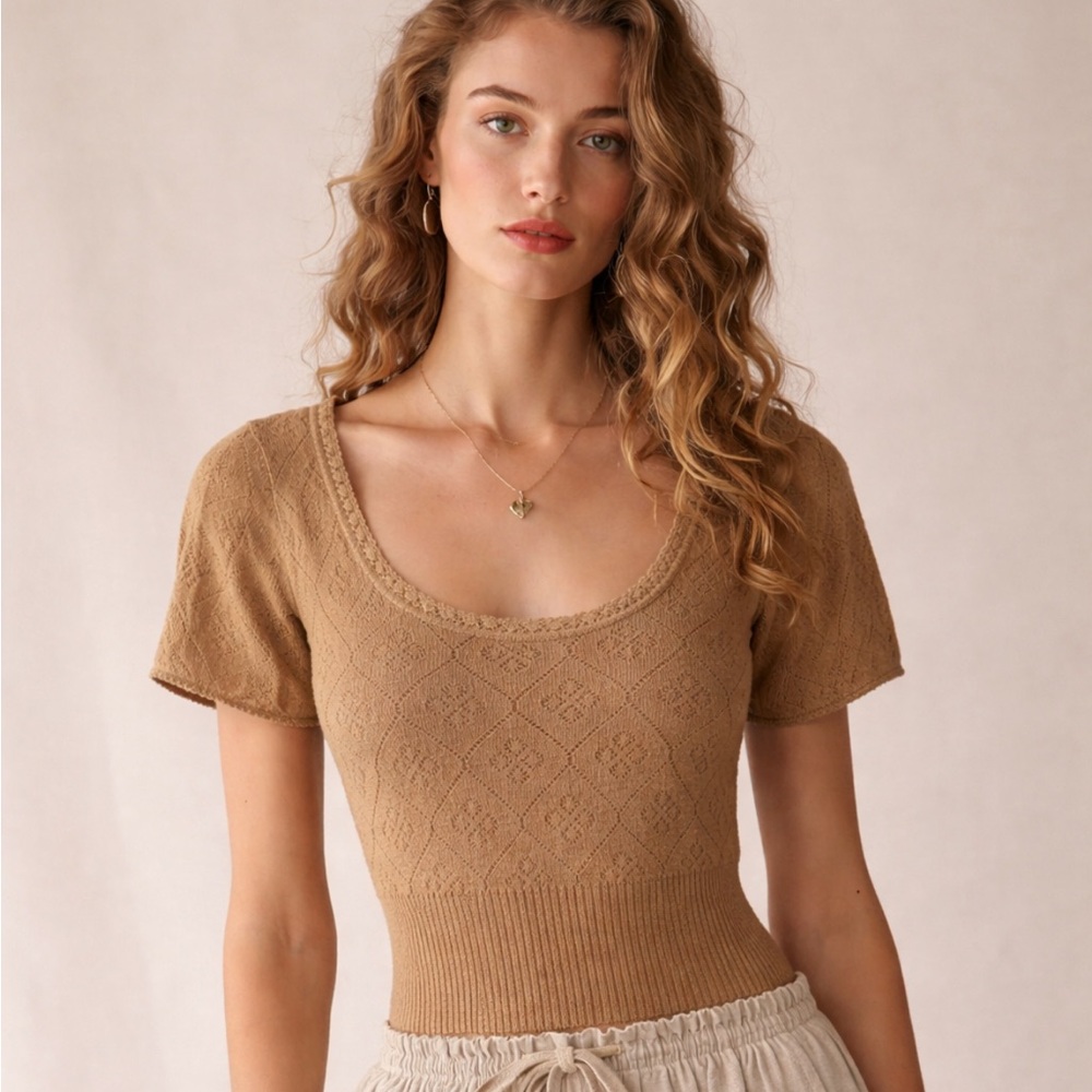 🌹FREE w/purchase Vintage wool Tan Knit Blouse sweater lace trim